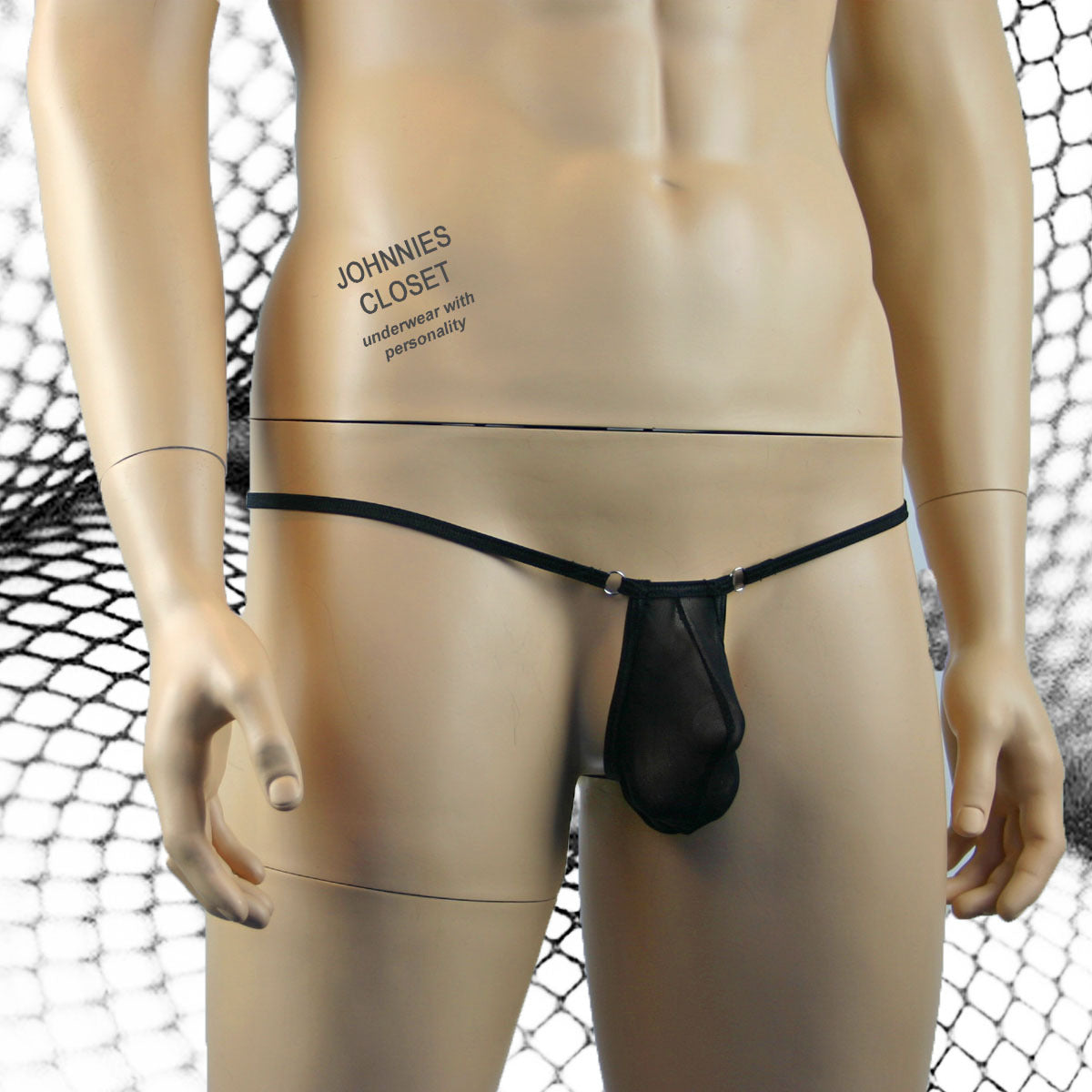 Mens Fishnet Mini Ball Bag Pouch with Rings Black