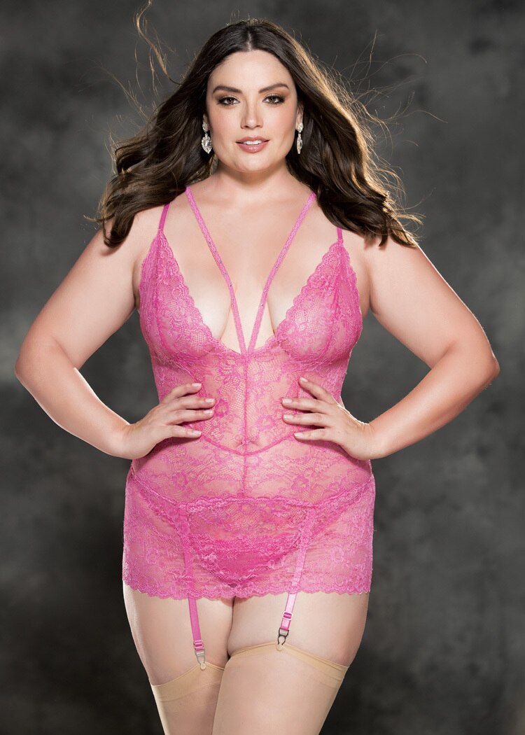 JCSTK - Rhinestone Stretch Lace Gartered Chemise Hot Pink