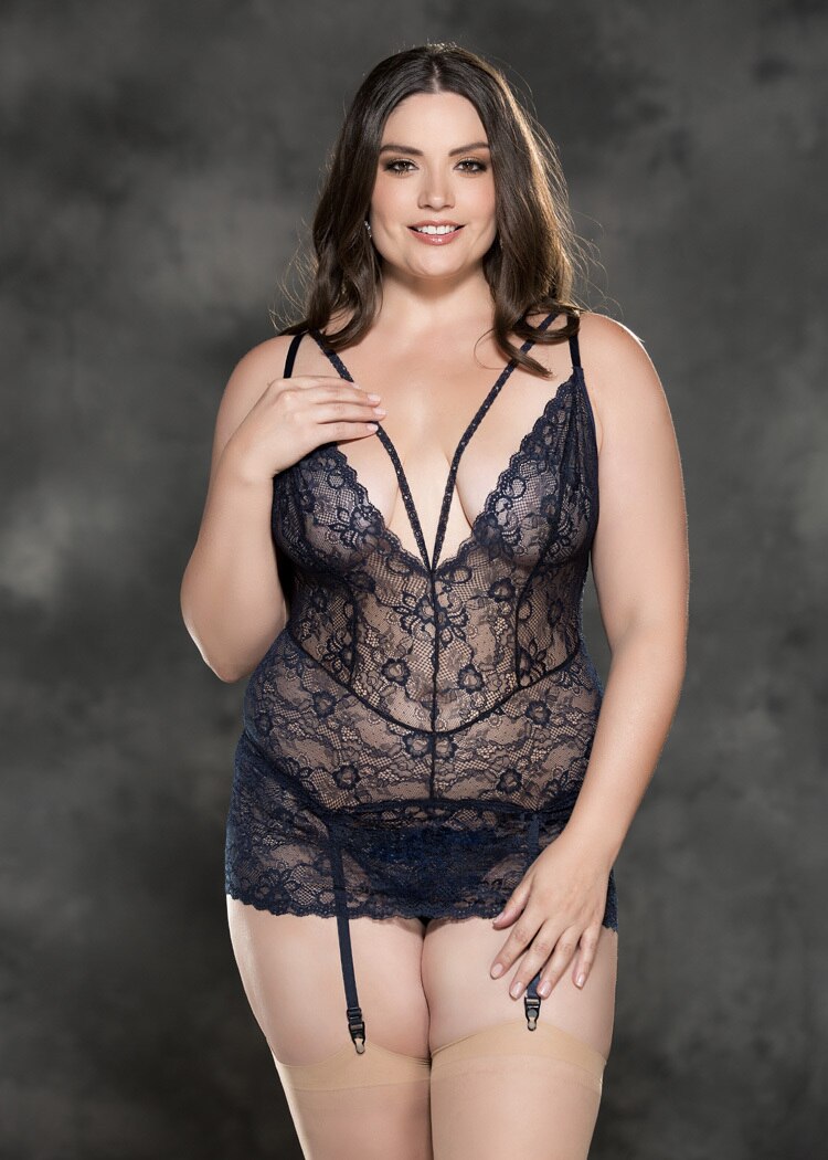 JCSTK - Rhinestone Stretch Lace Gartered Chemise Navy