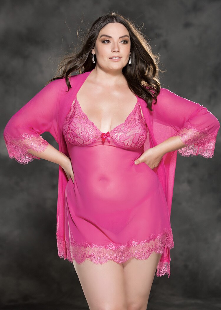 JCSTK - Beautiful Chemise, Robe and G string Set Hot Pink