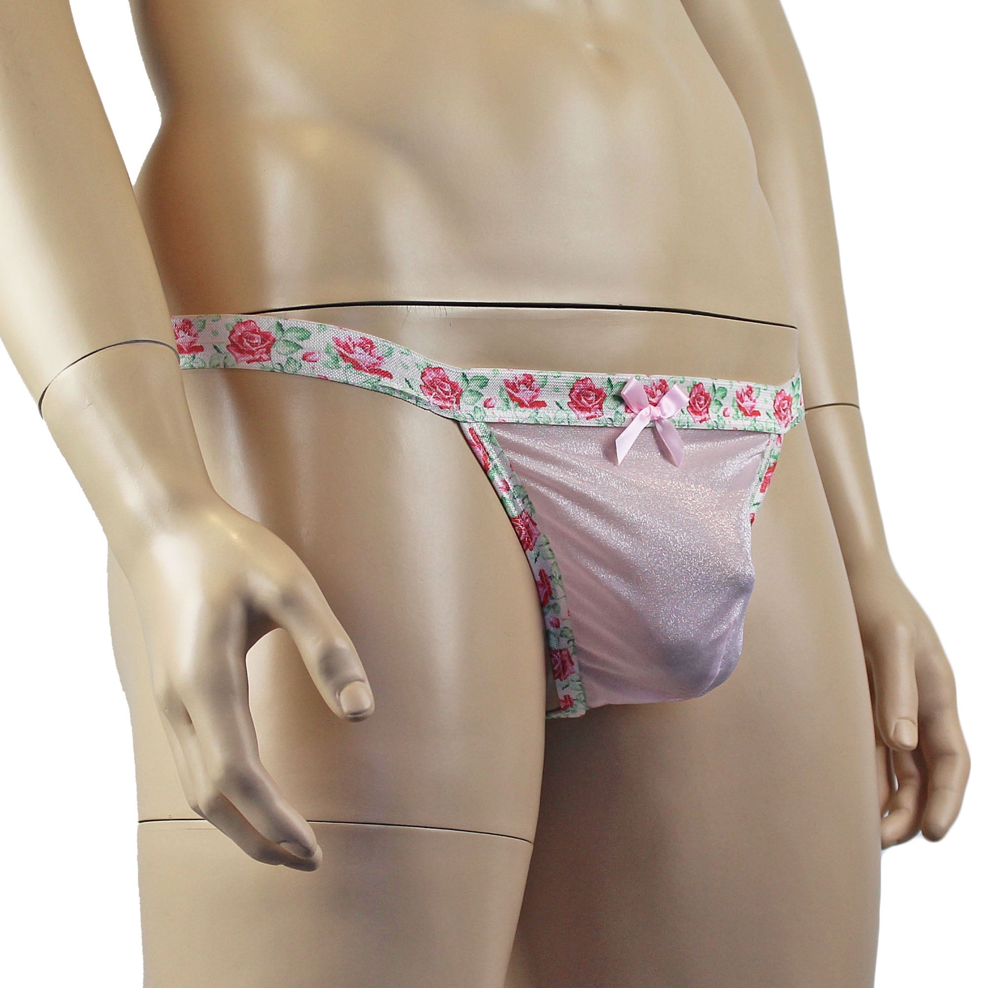 Mens Crystal Rose Sheer Stretch Glissenette G string with Flower Trim Pink