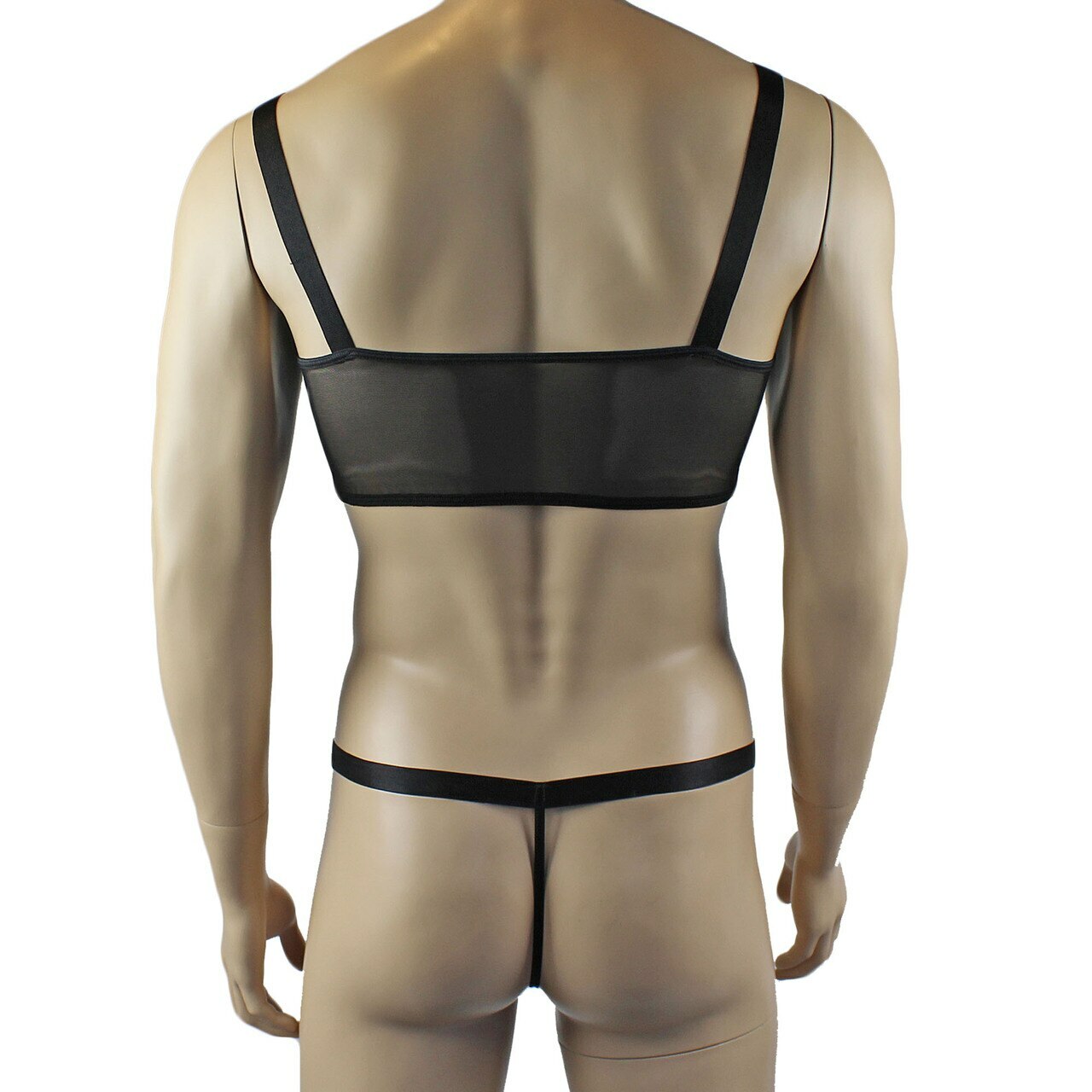 Mens Exotic Sheer Mesh Crop Bra Top Camisole, G string & Garterbelt - Sizes up to 3XL (black plus other colours)