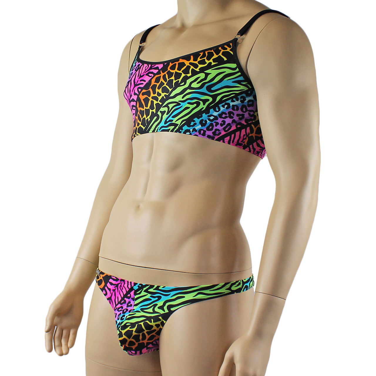 Mens Festival Animal Bra Top and Low Rise Thong Underwear Multi-coloured