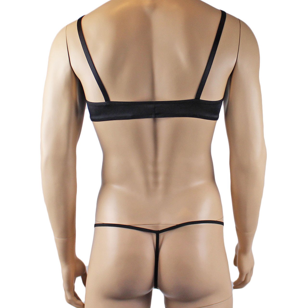 Mens Satin Bra Top, G string and Garterbelt Lingerie Black