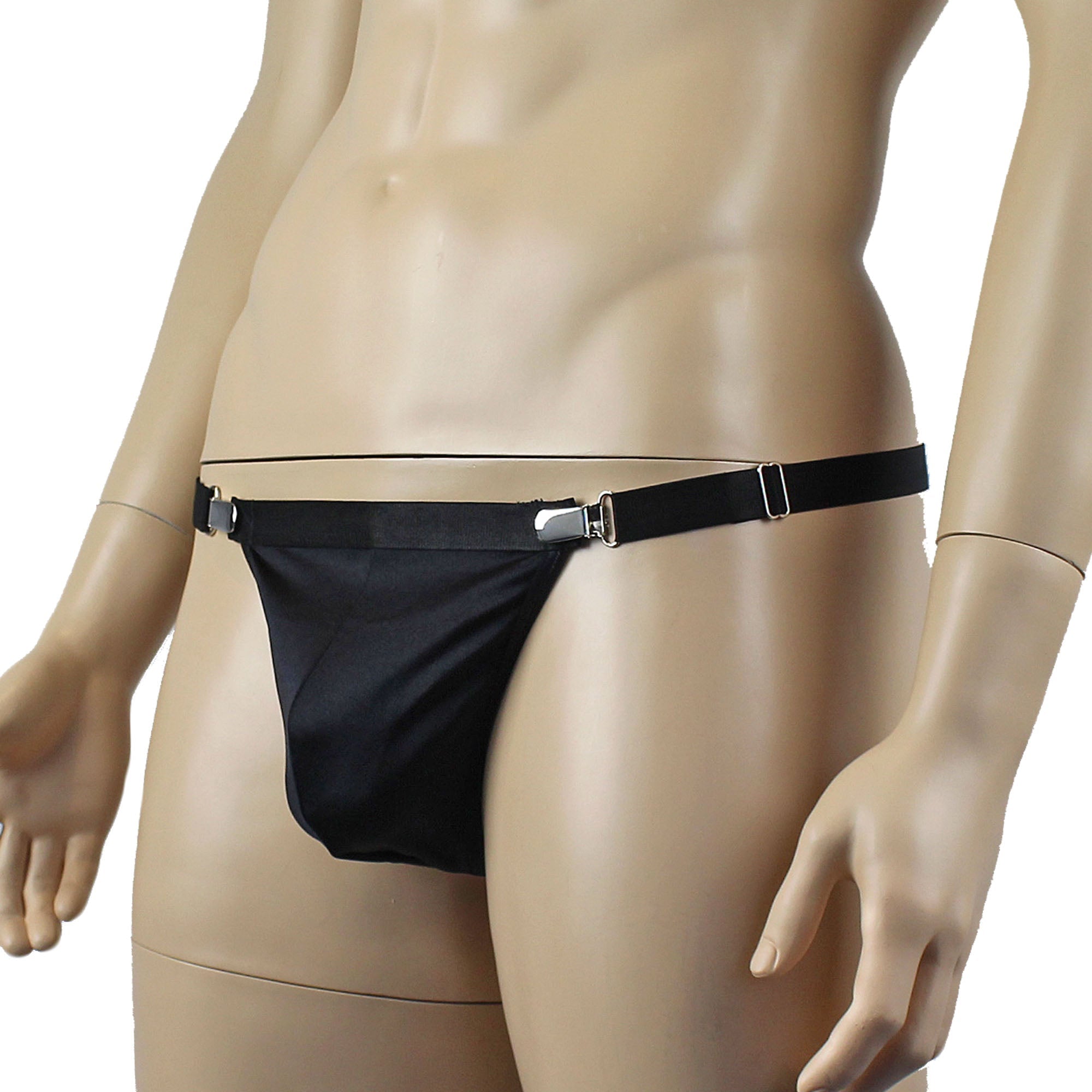 Mens Janice Thong with Adjustable Silver Clip Sides, Garterbelt & Leg Bands Black