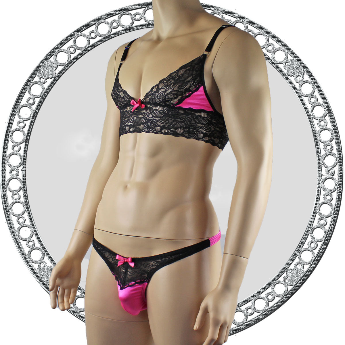 Mens Lace Bra Top Lingerie and Thong for Men Hot Pink and Black