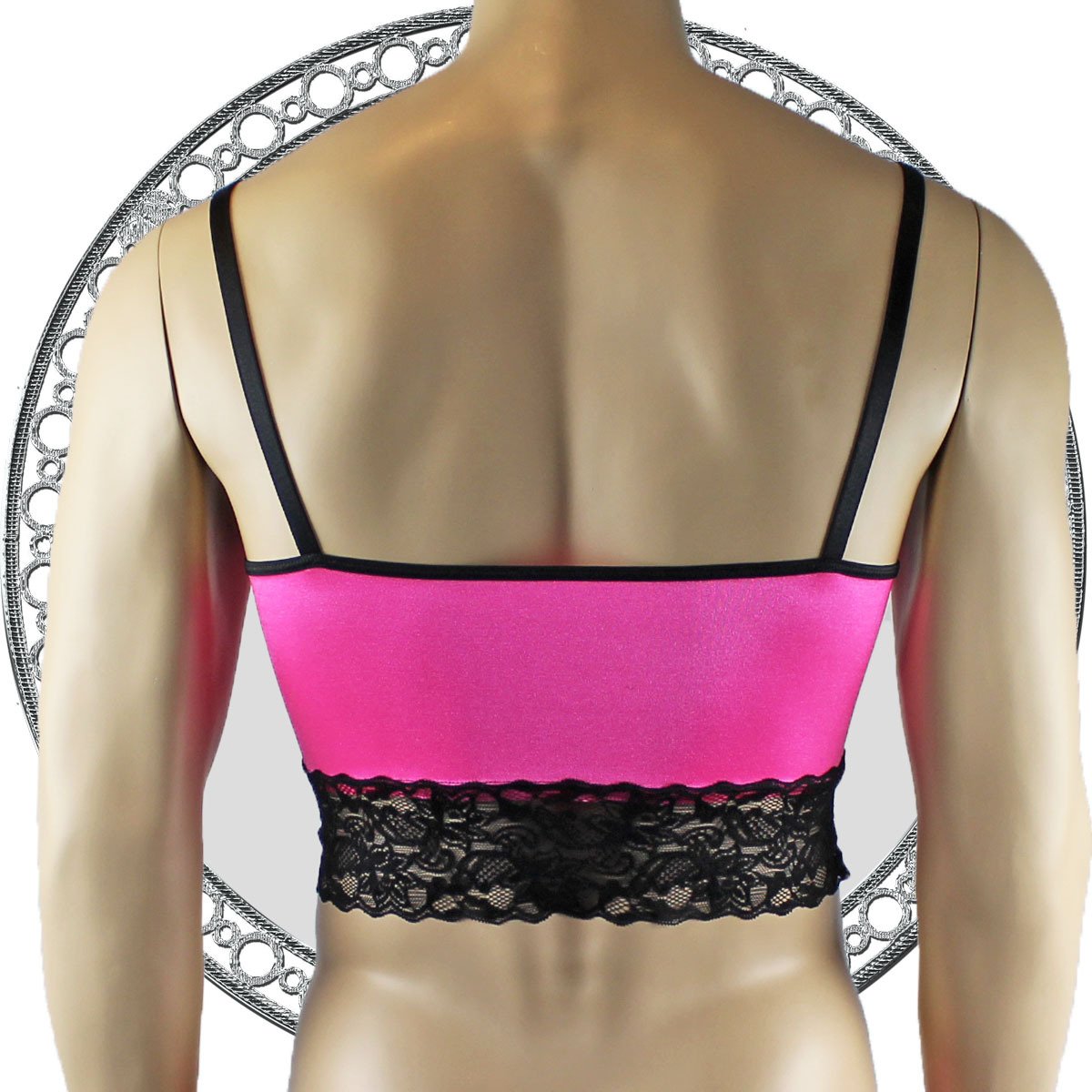 Mens Satin & Lace Crop Cami Top Hot Pink and Black