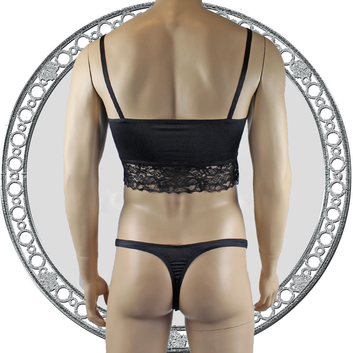 Mens Satin & Lace Crop Cami Top with Sexy Thong Black