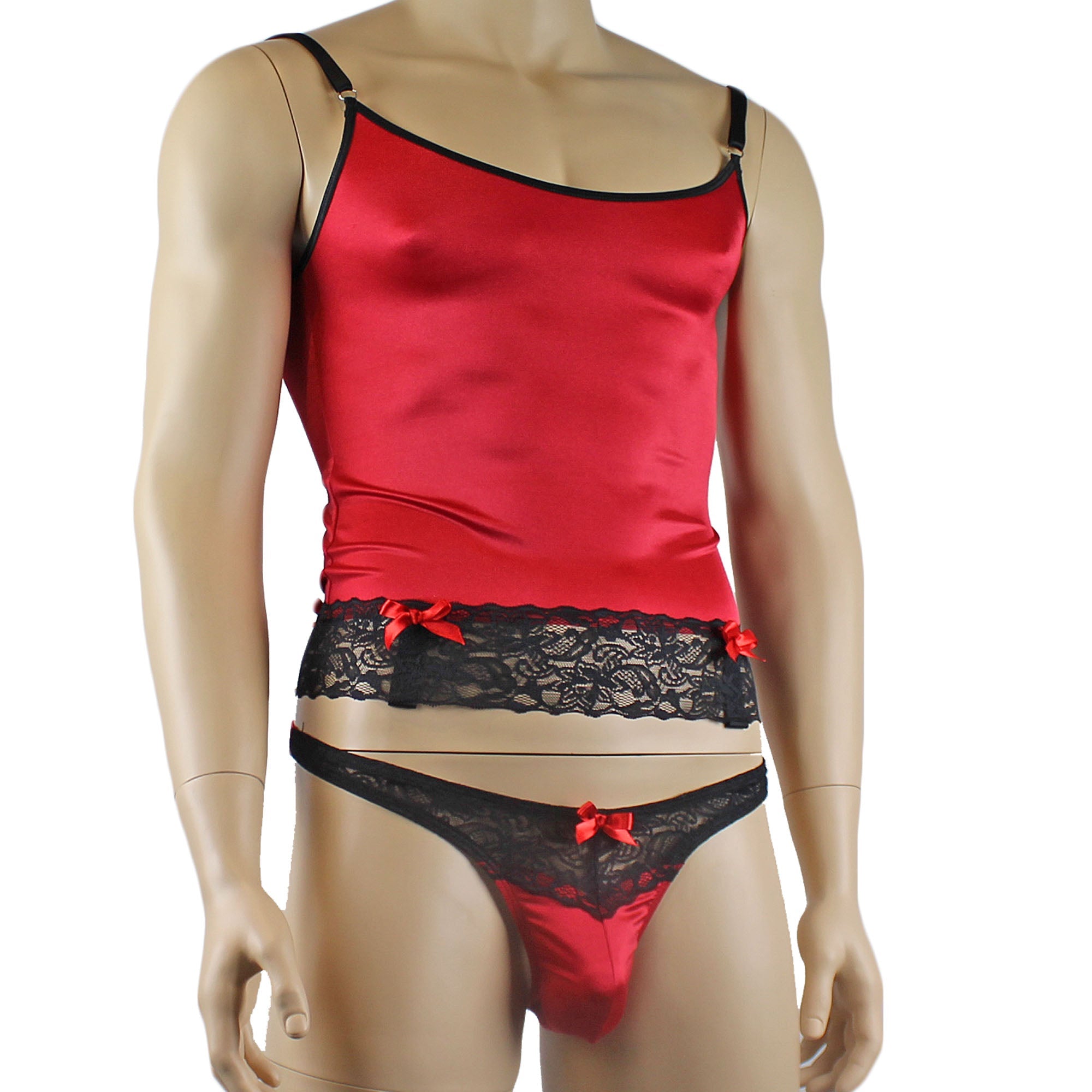 Mens Joanne Camisole Bustier Garter Top with Thong & Stockings - Sizes up to 3XL Red and Black Lace