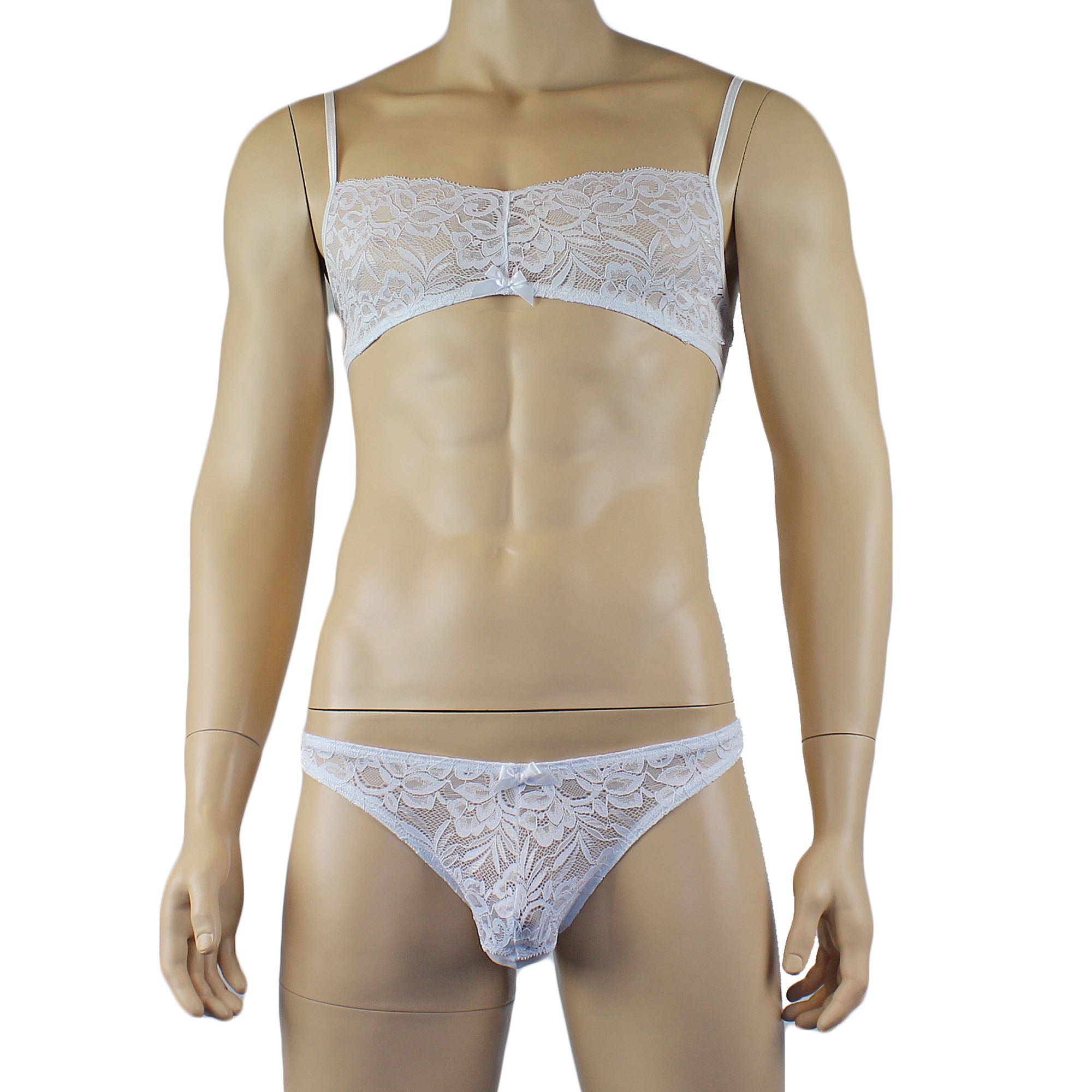 Mens Kristy Lace & Mesh Bra Top and Thong Panty White