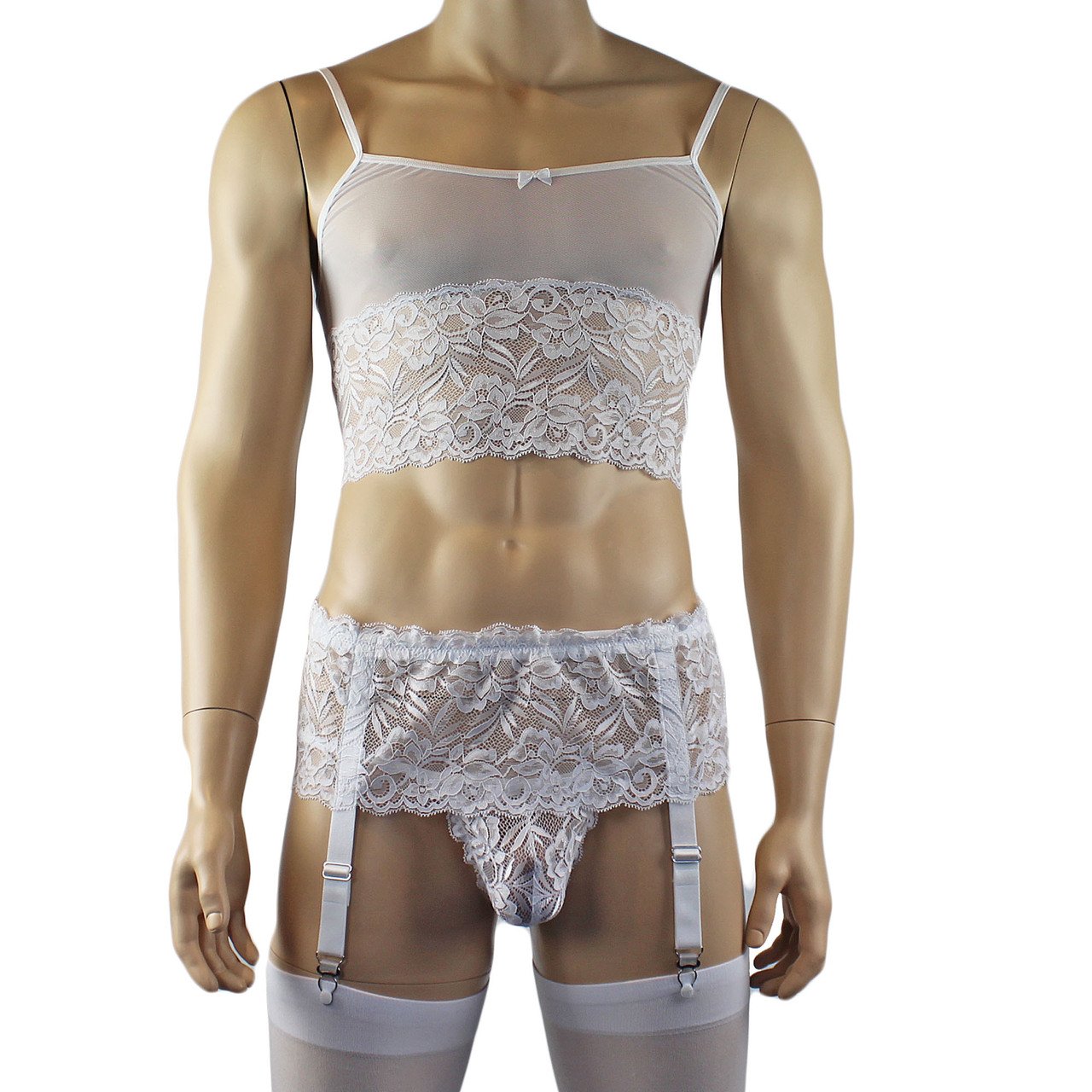 Mens Sexy Camisole, Pouch G string, Garterbelt & Stockings (white plus other colours)