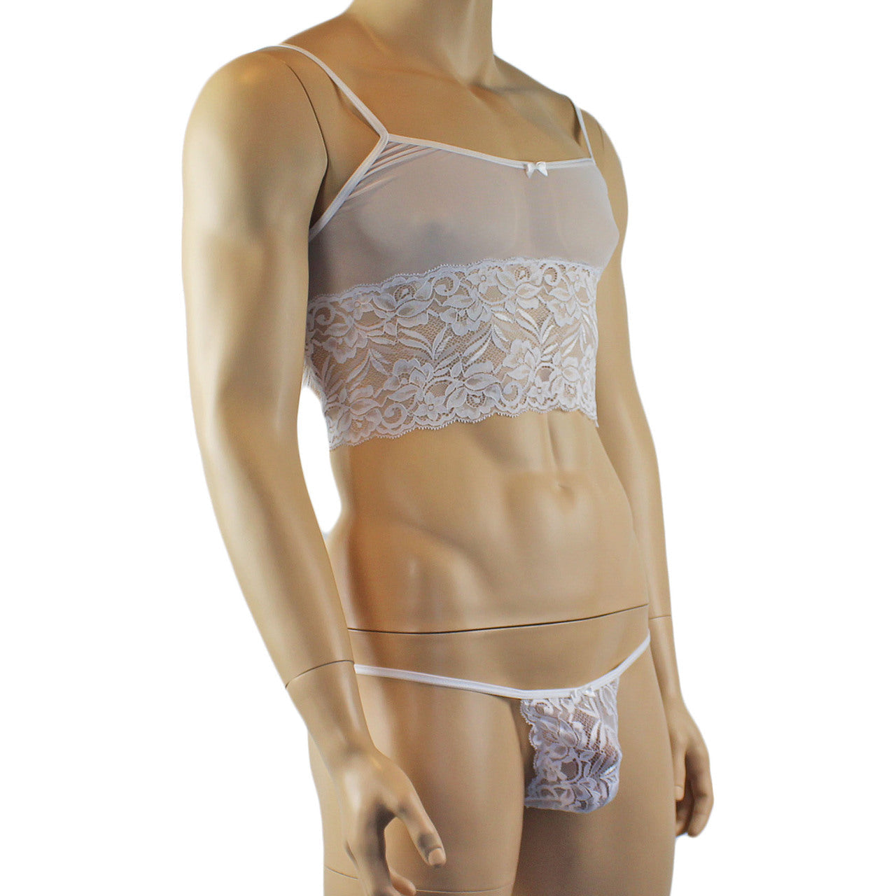 Mens Sexy Lace Camisole Top and Pouch G string (white plus other colours)