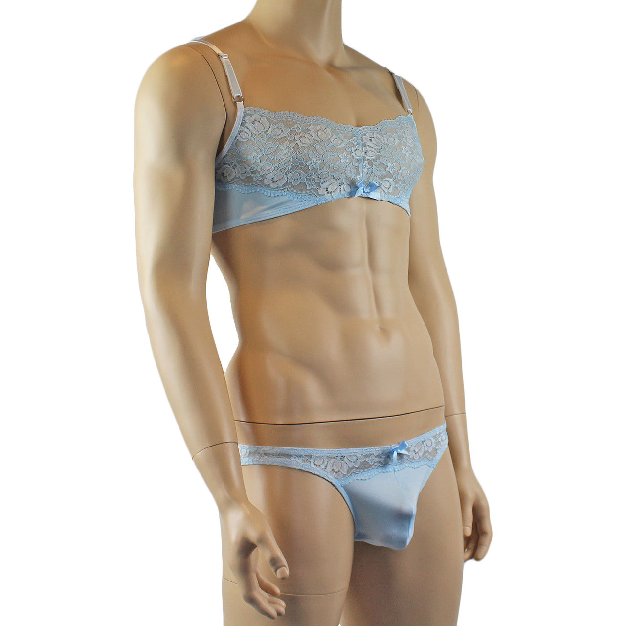 Mens Luxury Spandex & Lace Bra Top and Bikini Brief (light blue plus other colours)