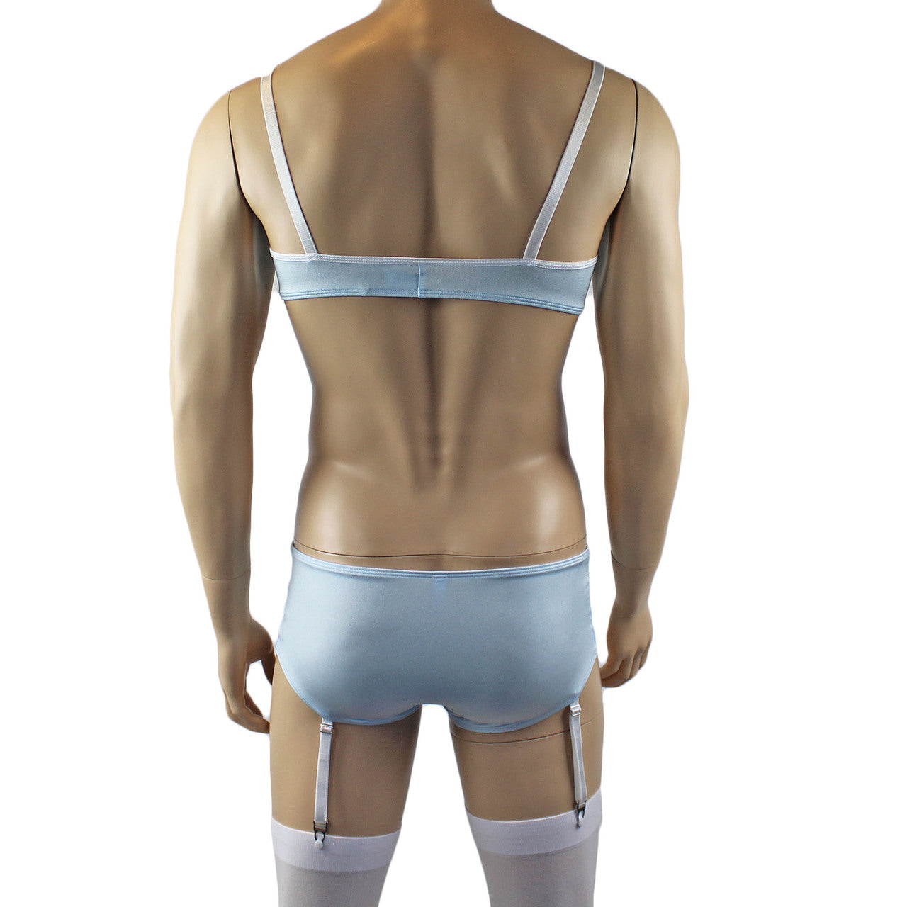 Mens Luxury Bra Top and Boxer Brief with Garters & Stockings (light blue plus other colours)