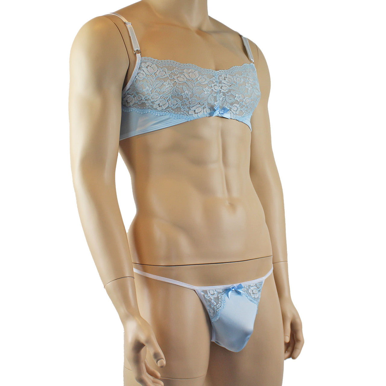 Mens Luxury Spandex & Lace Bra Top and G string (light blue plus other colours)