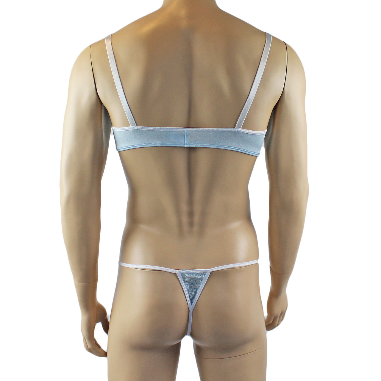 Mens Luxury Spandex & Lace Bra Top and G string (light blue plus other colours)