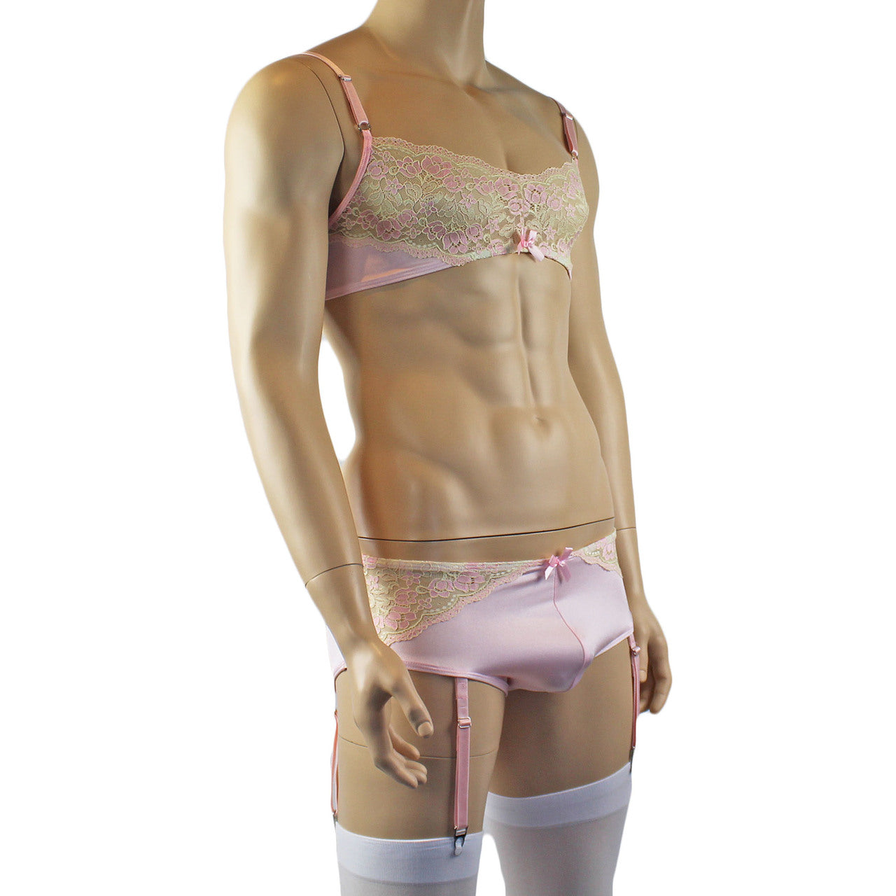 Mens Luxury Bra Top and Boxer Brief with Garters & Stockings (pink plus other colours)