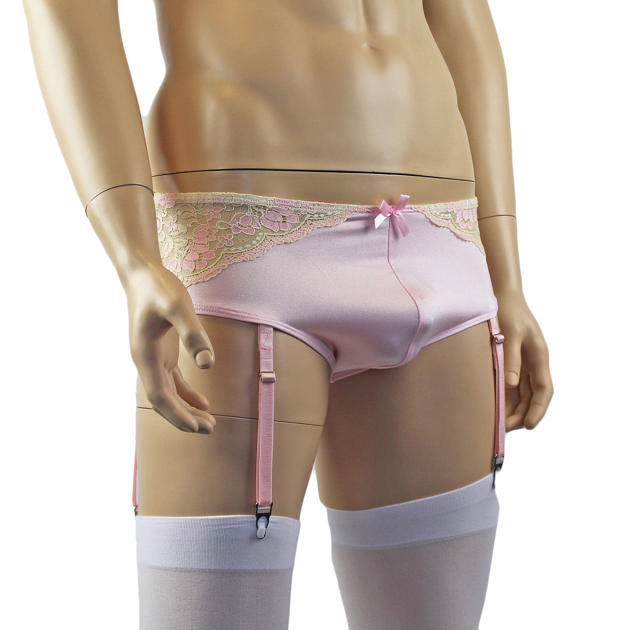 Mens Luxury Mini Bikini Brief with Detachable Garters and Stockings (pink plus other colours)
