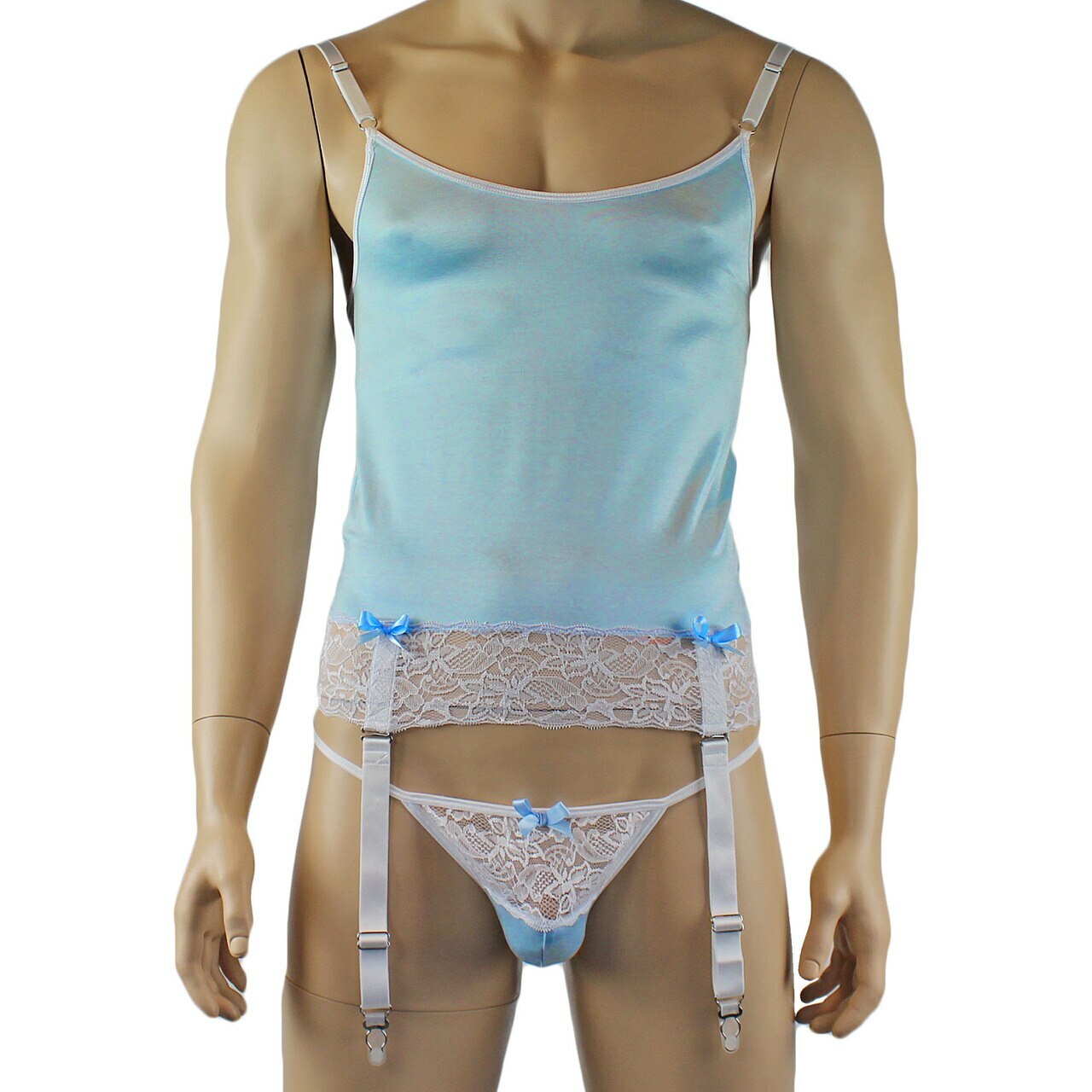 Mens Camisole Bustier Garter Top with Pouch G string (light blue plus other colours)