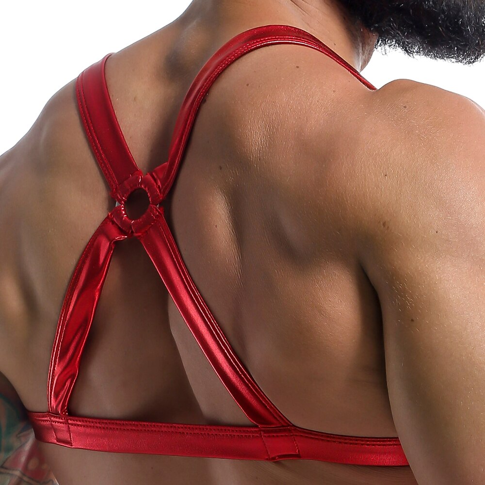 Mens Wetlook Shiny Bra Harness Red
