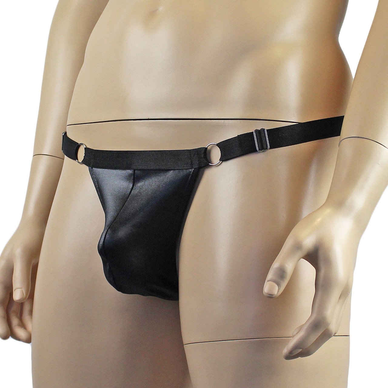 Male Oil Wetlook Thong with Rings Sides Black