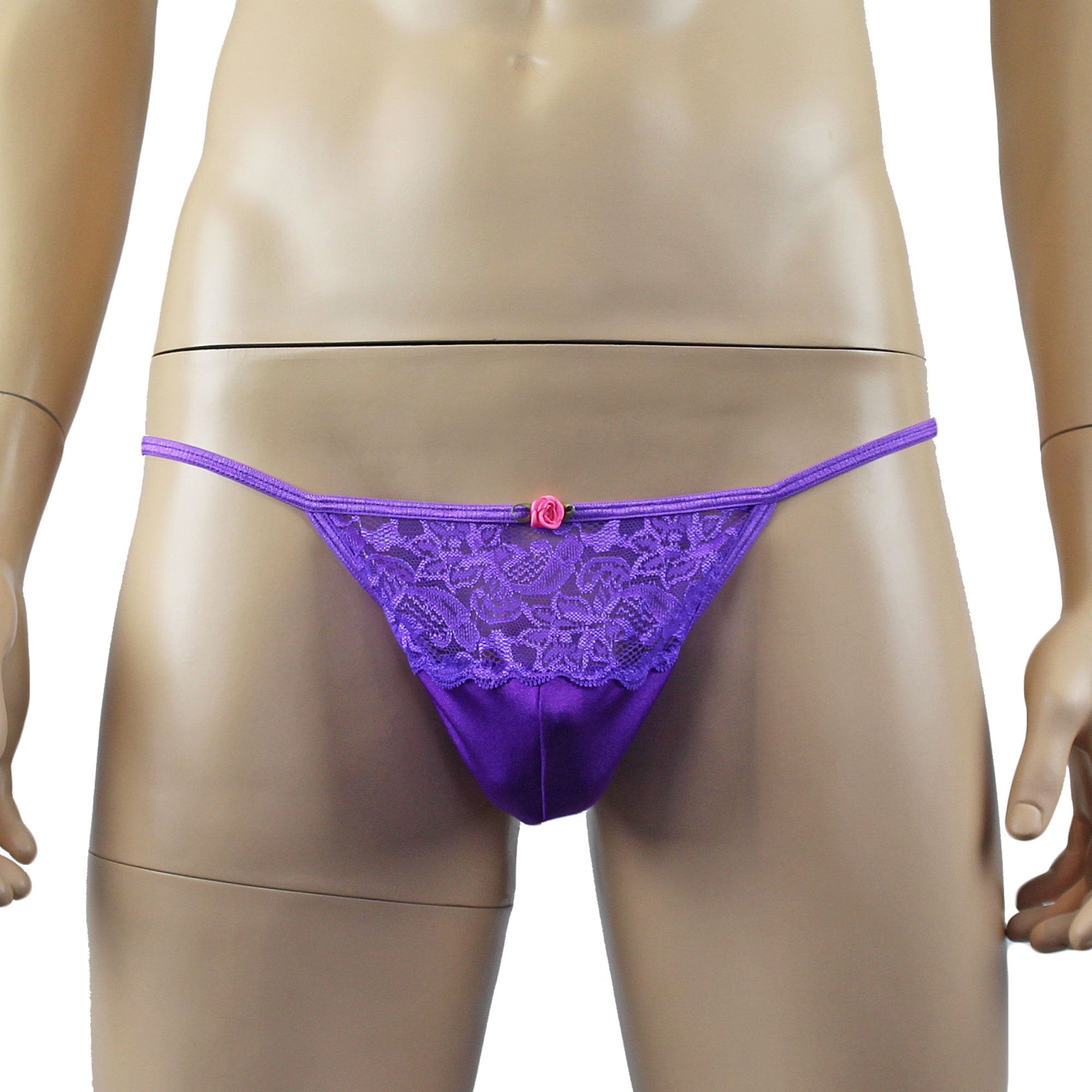 Male Penny Lingerie Stretch Spandex Pouch G string with Lace Purple
