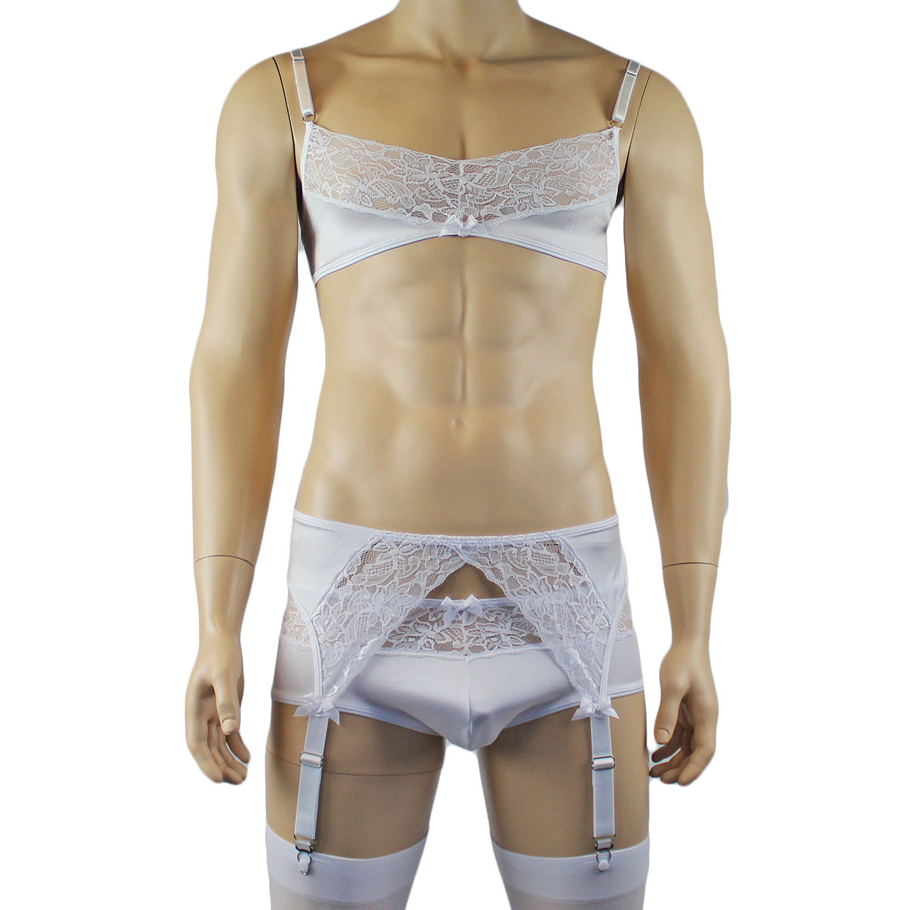 Male Romance Stretch Spandex Bra, Briefs & Garterbelt (white plus other colours)