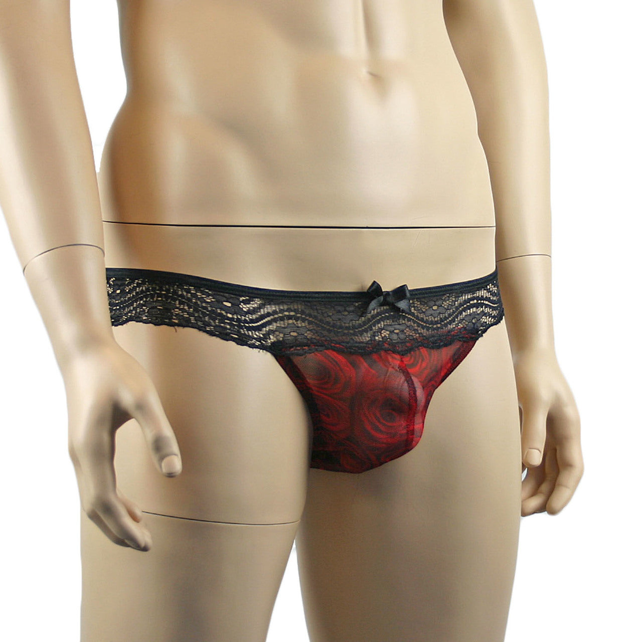 Mens Roses Bikini Brief, Sexy Sheer Lingerie Underwear Red Black