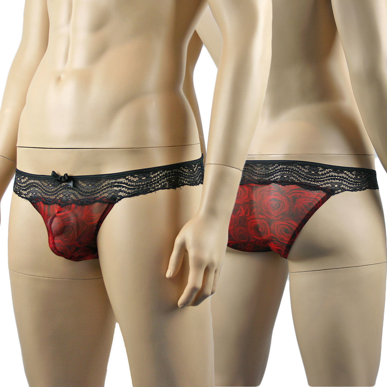 Mens Roses Bikini Brief, Sexy Sheer Lingerie Underwear Red Black