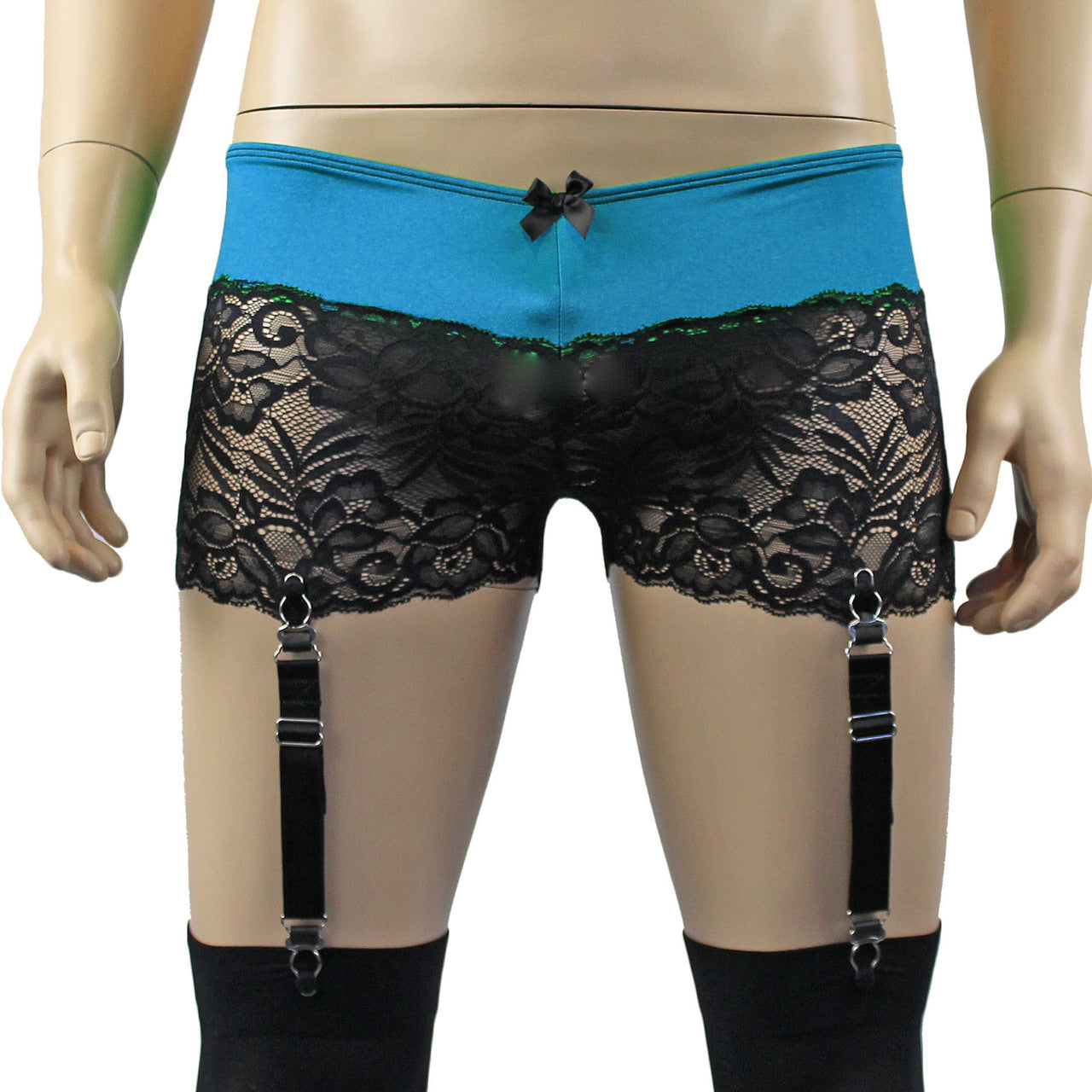 Mens Risque Boxer Briefs with Detachable Garters & Stockings (teal and black plus other colours)