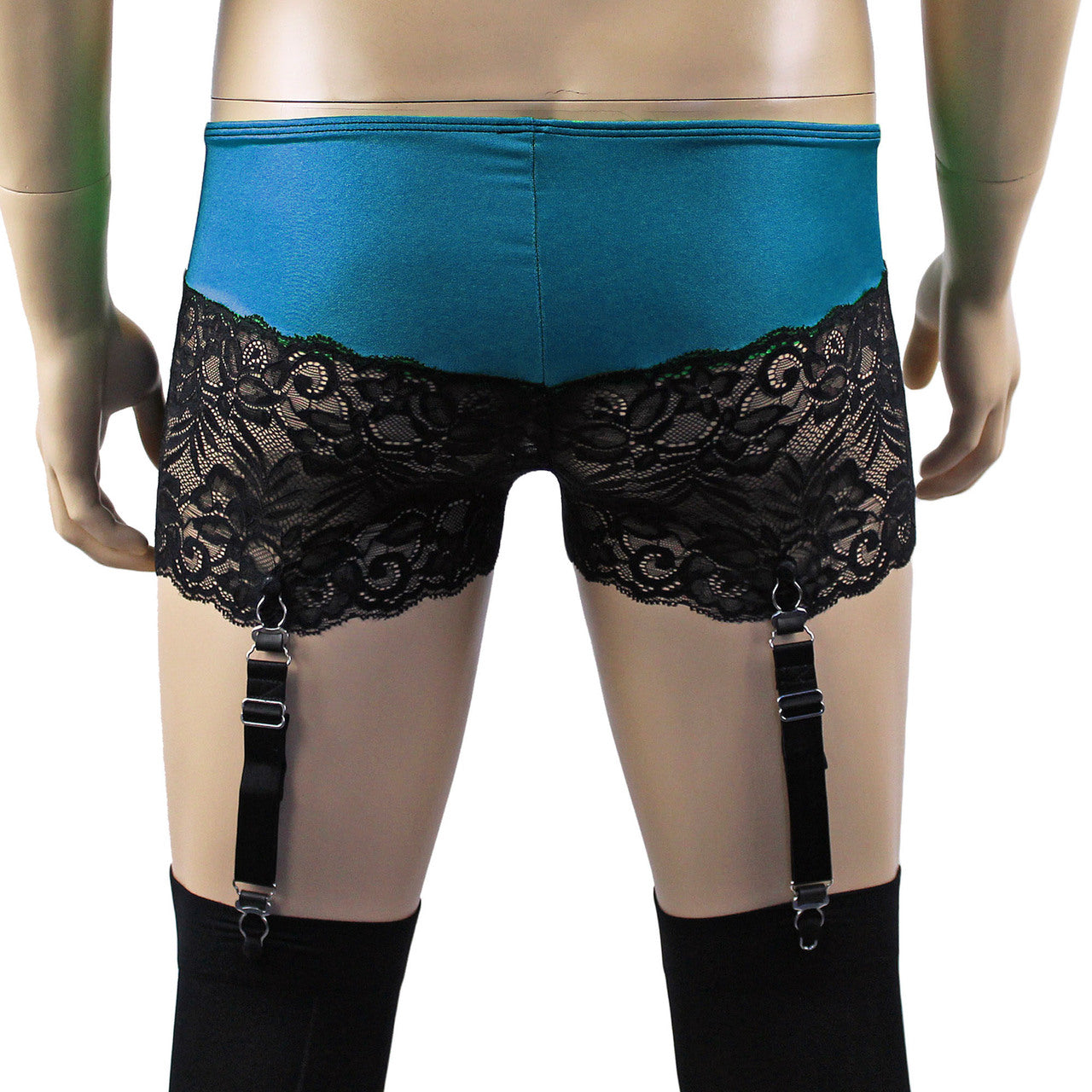 Mens Risque Boxer Briefs with Detachable Garters & Stockings (teal and black plus other colours)