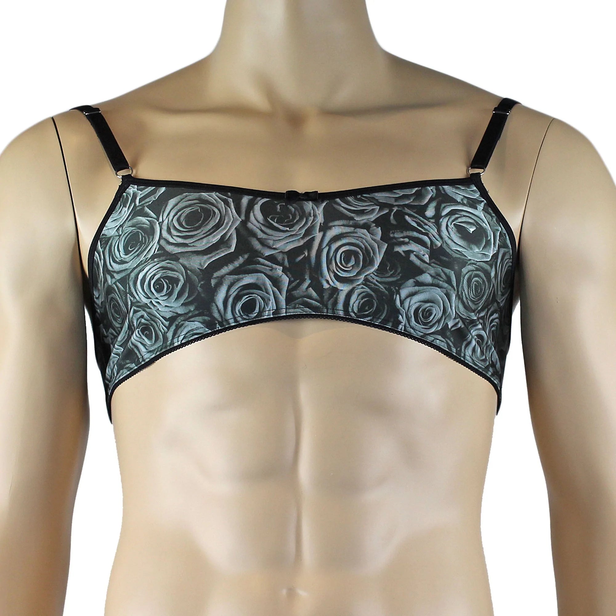 SALE - Mens Roses Spandex Bra Top with Frilled Pico Elastic Trim Male Lingerie Grey