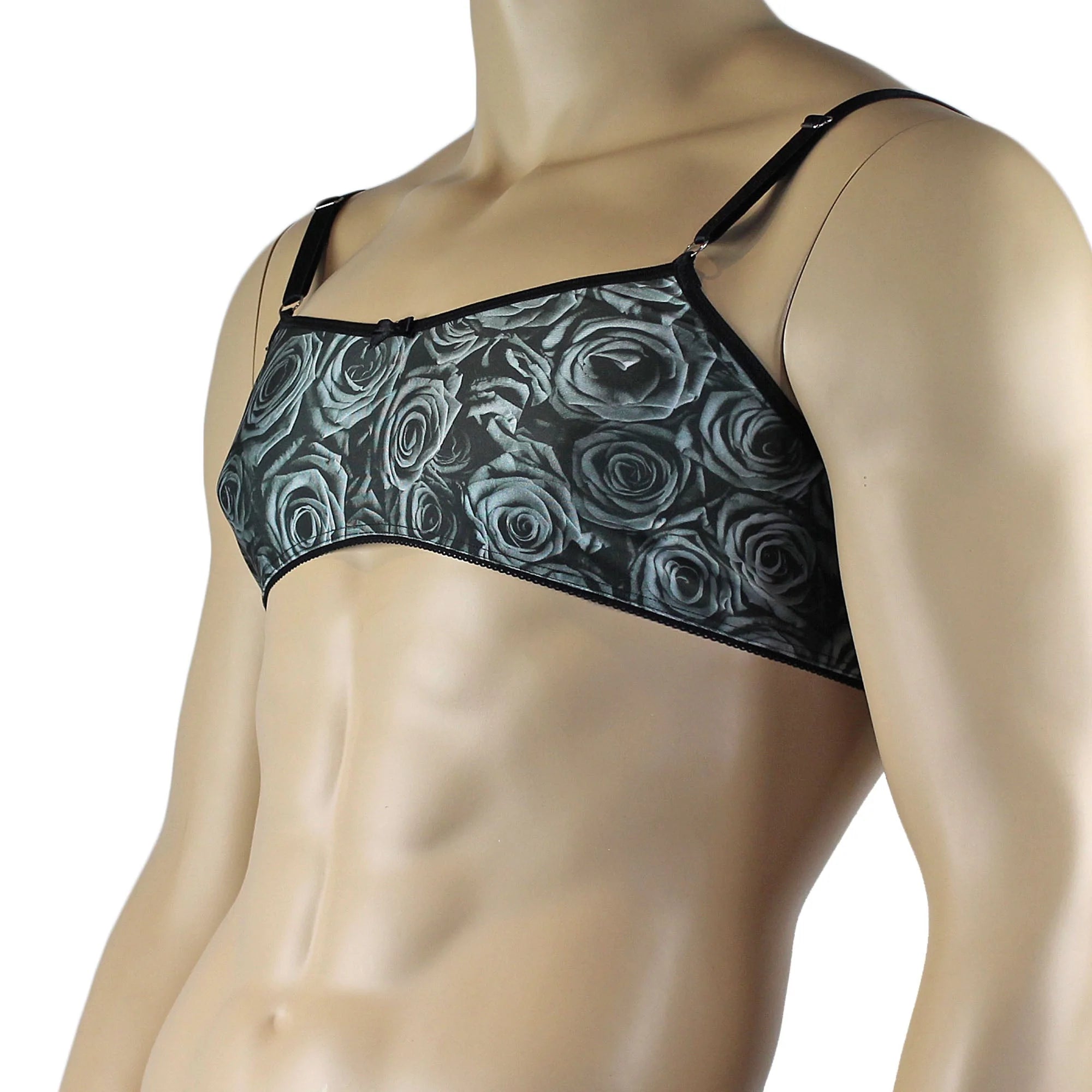 SALE - Mens Roses Spandex Bra Top with Frilled Pico Elastic Trim Male Lingerie Grey