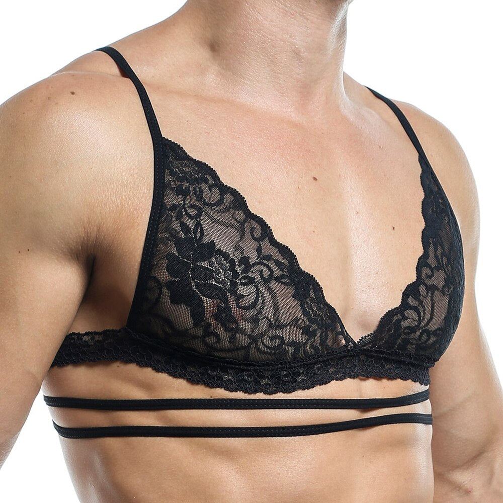JCSTK - Mens Secret Male SMA011 Bra Top with Lace and Multi Straps Black