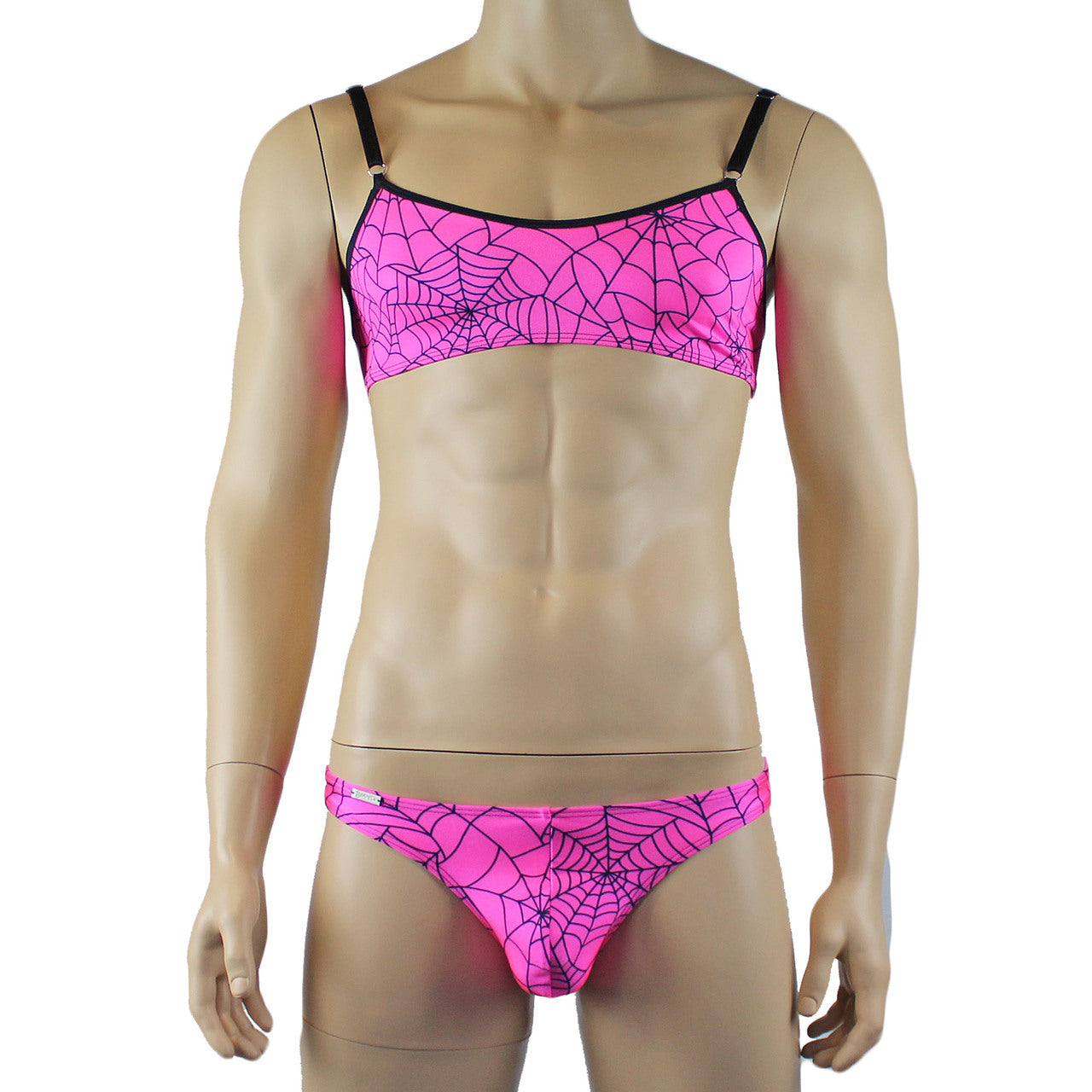 Mens Halloween Spooky Spider Web Camisole Bra Top & Mini Thong (pink & lime colours)