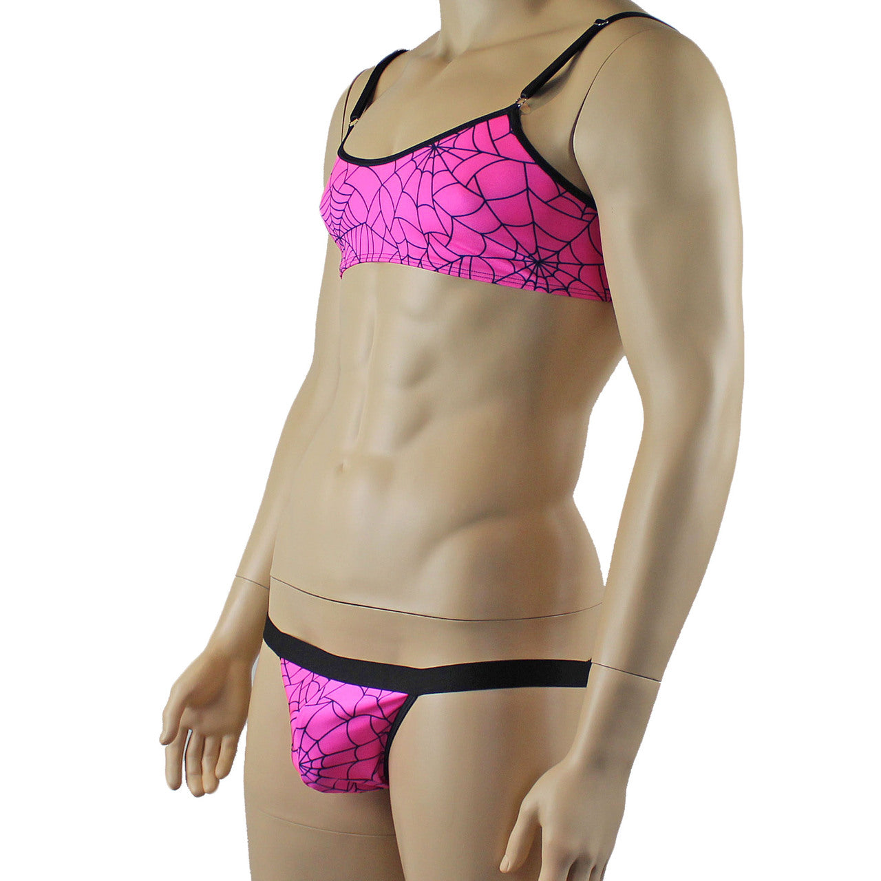 Mens Halloween Spooky Spider Web Bra Top & Thong with Band (pink & lime colours)