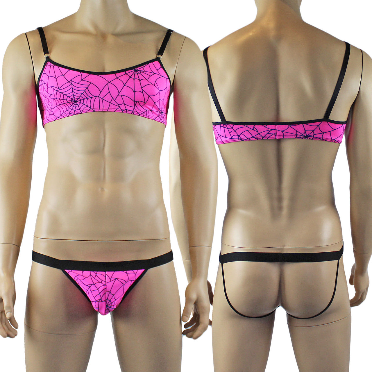 Mens Halloween Spooky Spider Web Bra Top & Thong with Band (pink & lime colours)