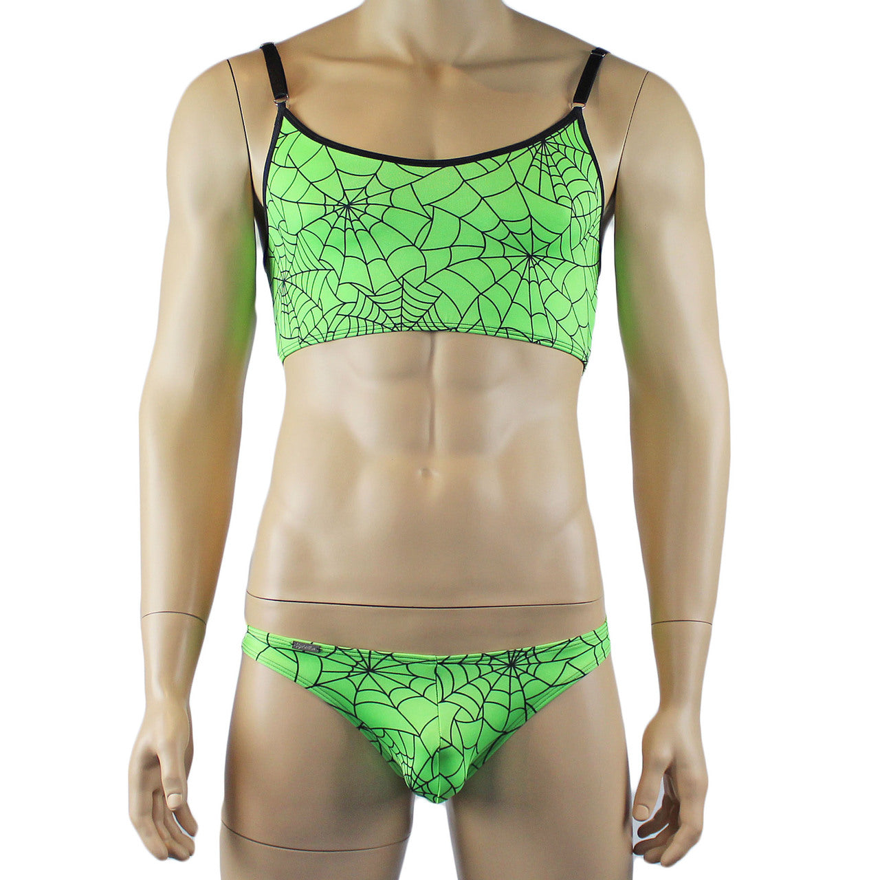 Mens Halloween Spooky Spider Web Camisole Bra Top & Bikini Brief (lime & pink colours)