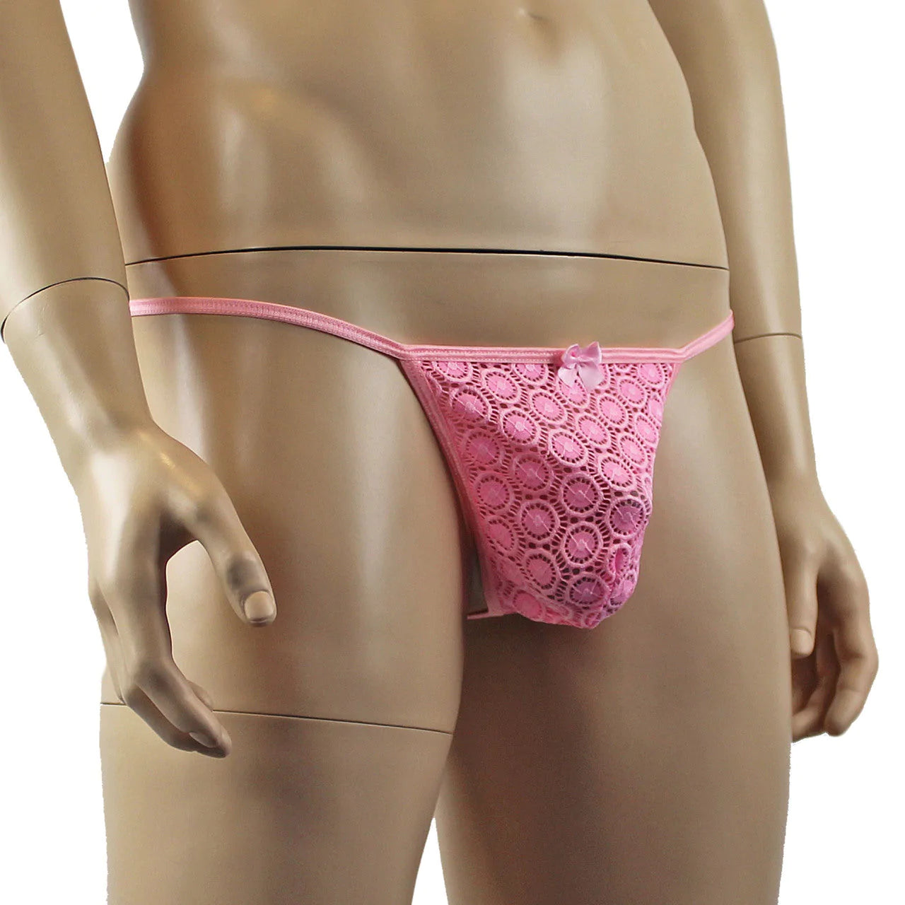 SALE - Mens Tease Circle Lace Pouch G string with Cute Bow Front Light Pink