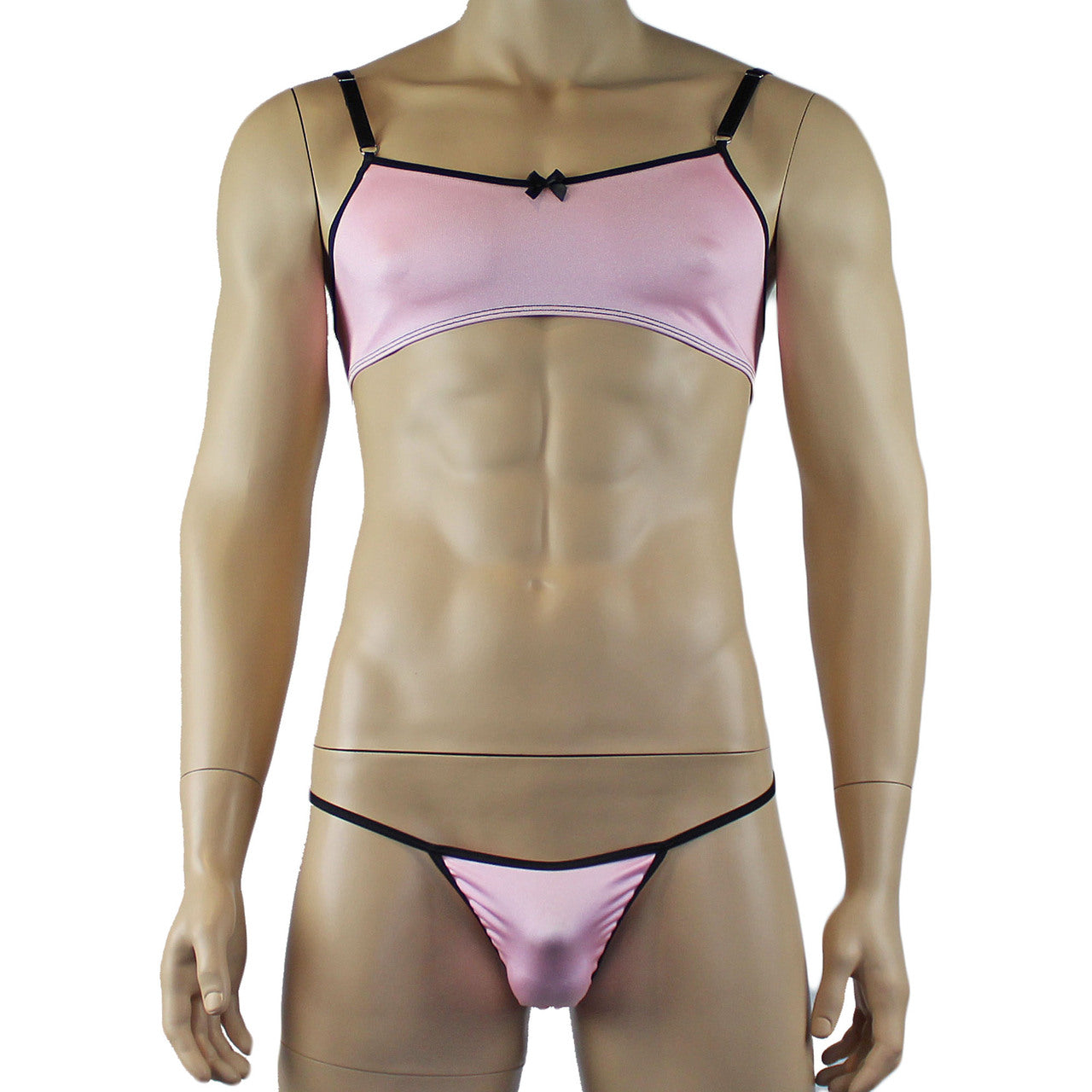 Mens Lingerie Twinkle Spandex Bra & G string with Bow, Light Pink & Black