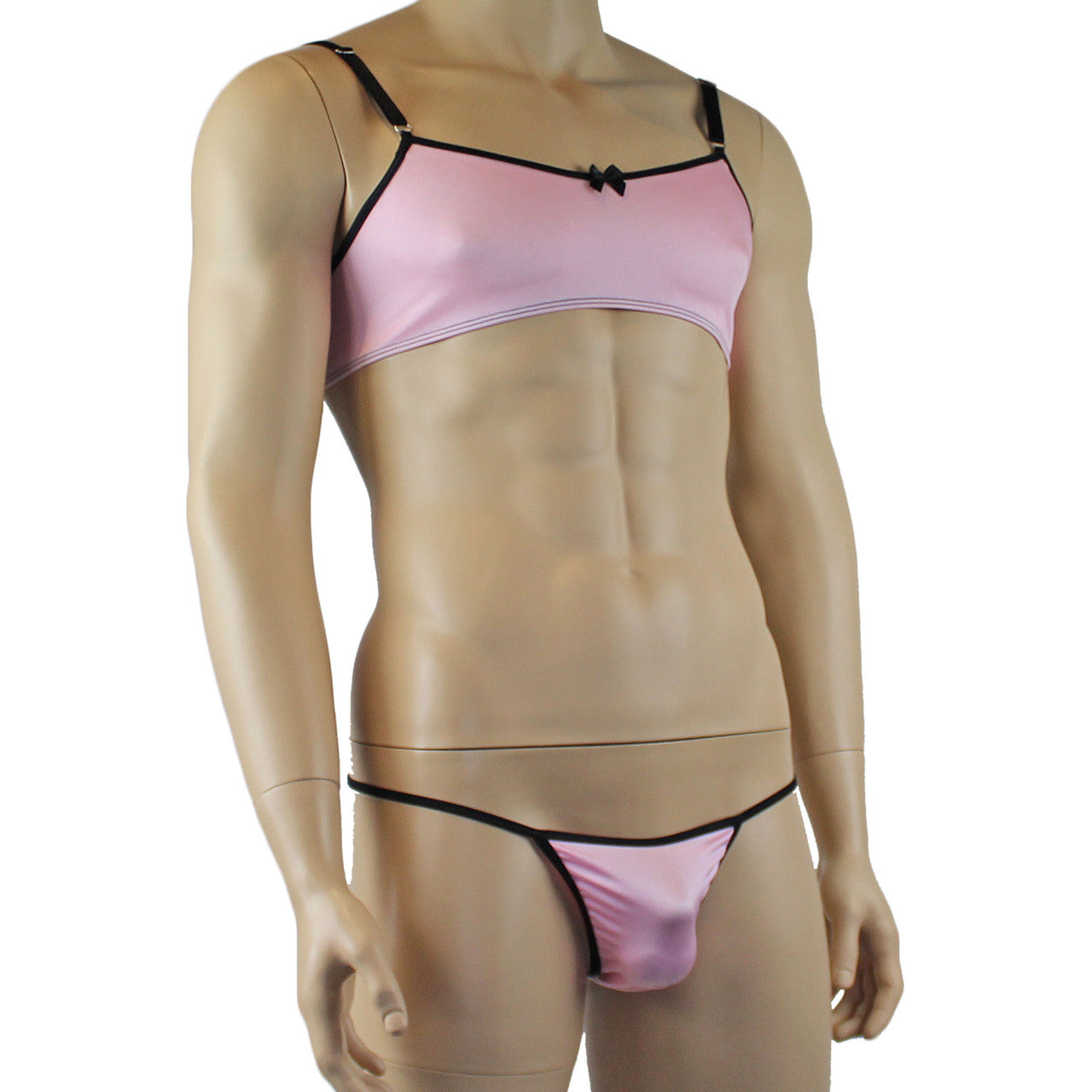 Mens Lingerie Twinkle Spandex Bra & G string with Bow, Light Pink & Black