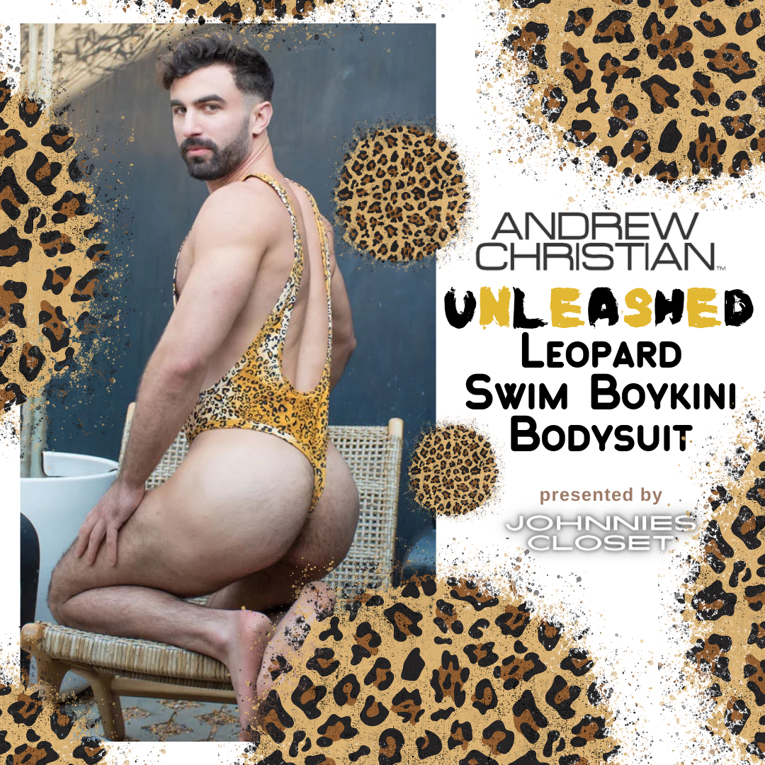 Make a Splash and Turn Heads with the Exciting Andrew Christian Leopard Swim Boykini Bodysuit!