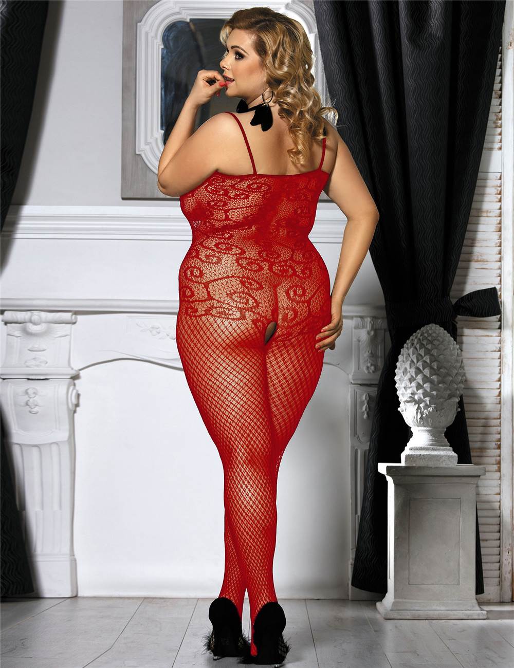 JCSTK - Unisex Lingerie Crocheted Fishnet Bodystocking with Keyhole Front Red
