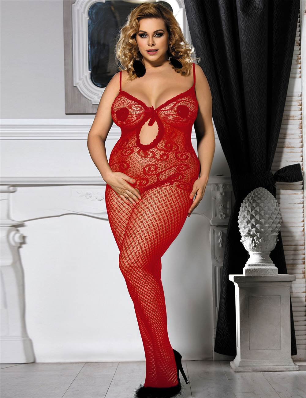 JCSTK - Unisex Lingerie Crocheted Fishnet Bodystocking with Keyhole Front Red