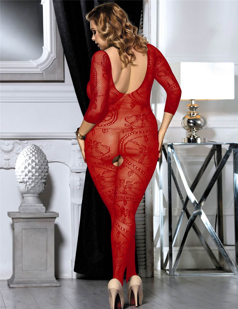 JCSTK - Unisex Lingerie Floral Swirl Bodystocking with Sleeves Red