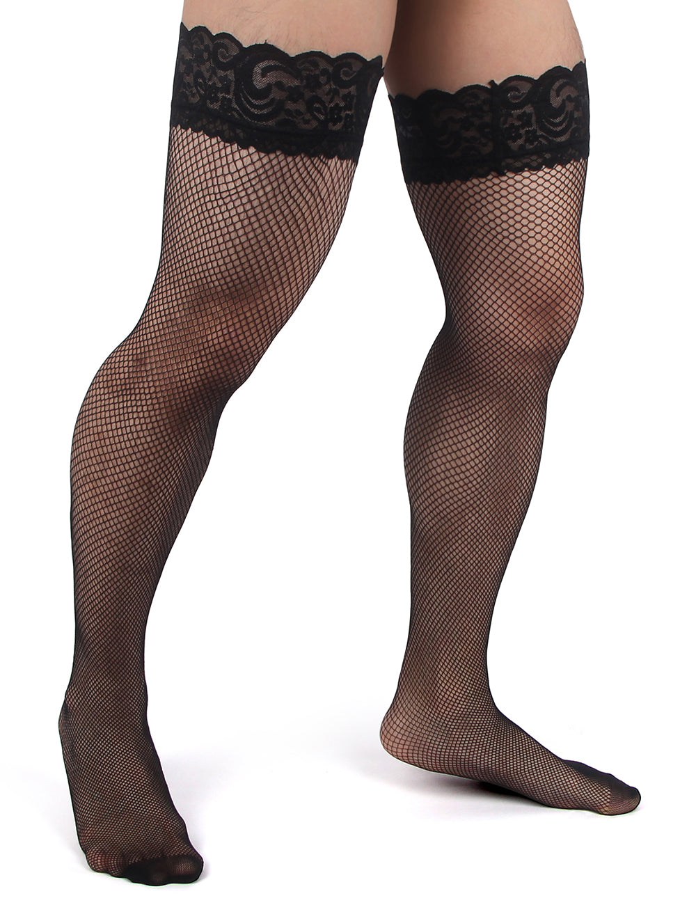 JCSTK - Unisex OY-MP242 Fishnet Lace Top Stockings, Strong for Our Males to Wear! Black