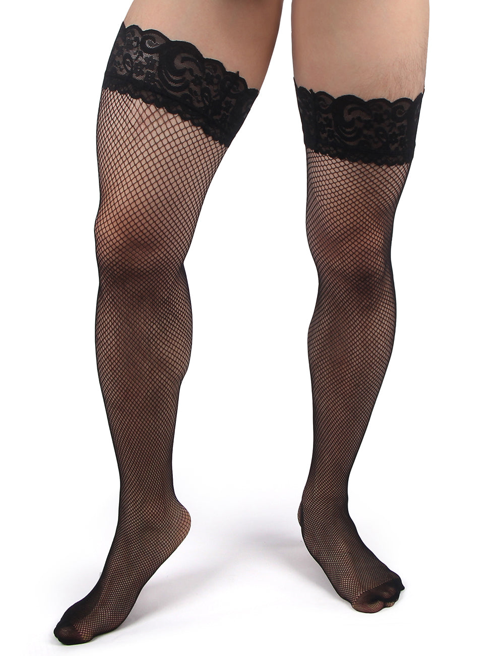 JCSTK - Unisex Fishnet Lace Top Stockings, Strong for Our Males to Wear! Black