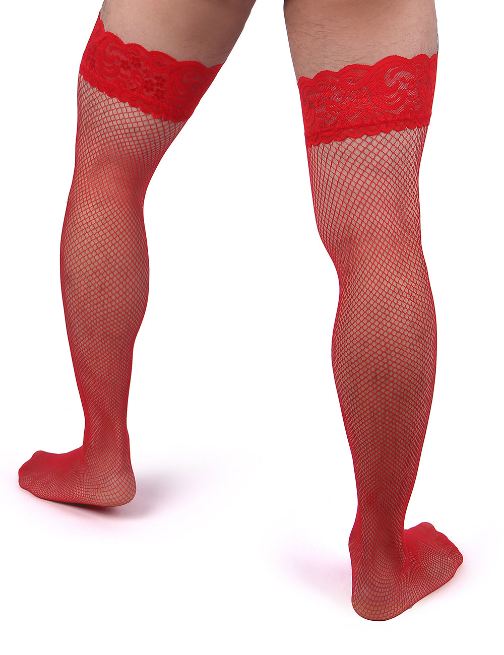 JCSTK - Unisex Fishnet Lace Top Stockings, Strong for Our Males to Wear! Red
