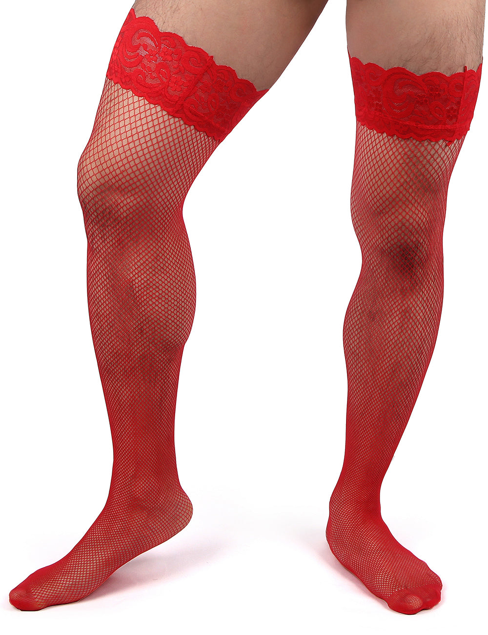 JCSTK - Unisex Fishnet Lace Top Stockings, Strong for Our Males to Wear! Red