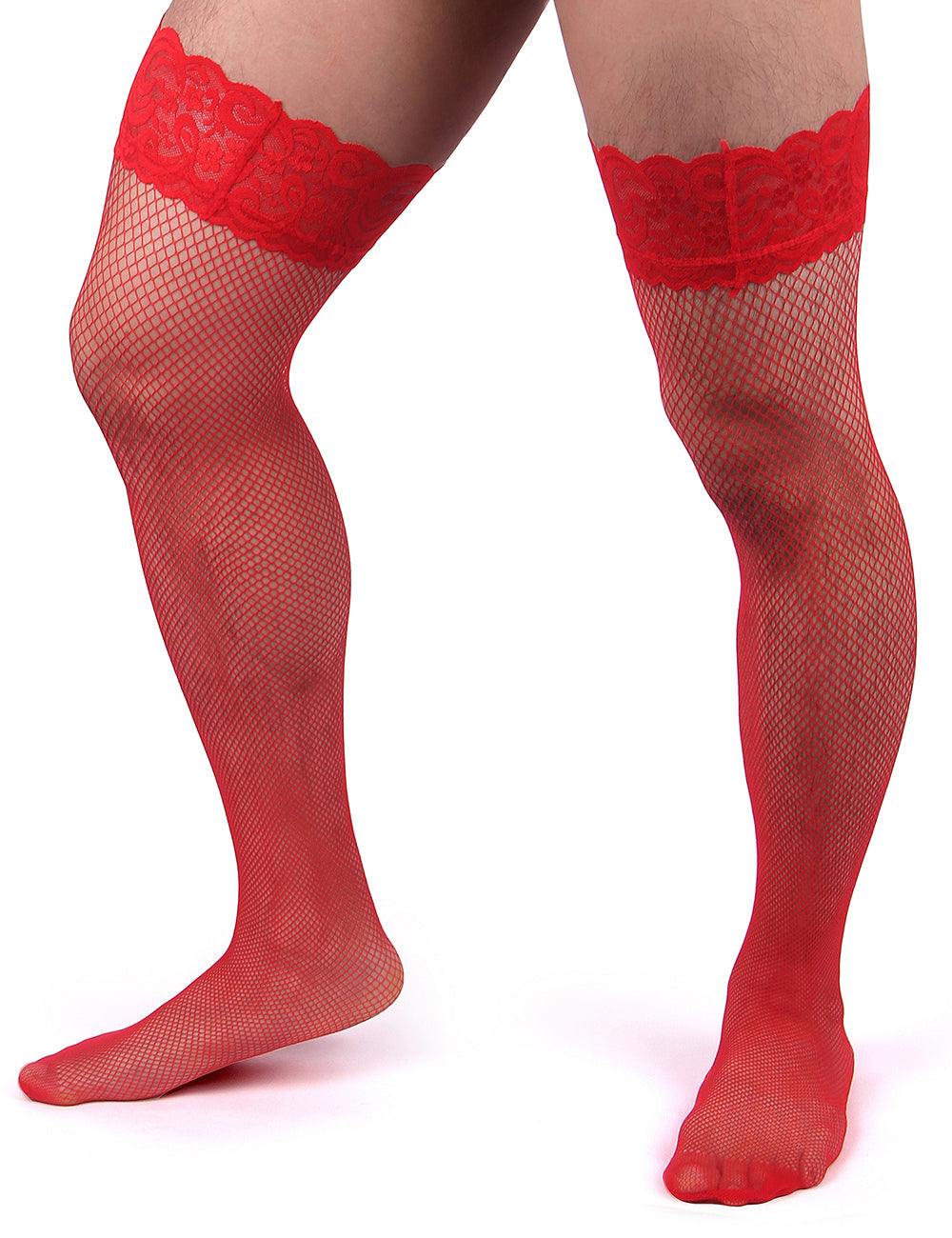 JCSTK - Unisex Fishnet Lace Top Stockings, Strong for Our Males to Wear! Red
